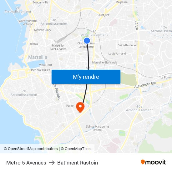 Métro 5 Avenues to Bâtiment Rastoin map
