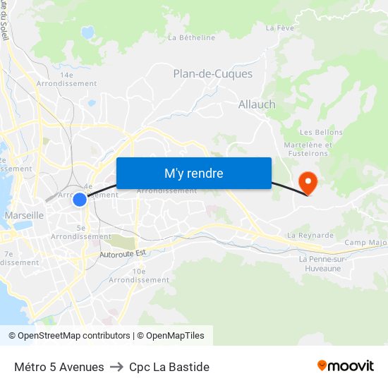 Métro 5 Avenues to Cpc La Bastide map
