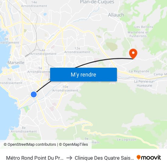 Métro Rond Point Du Prado to Clinique Des Quatre Saisons map