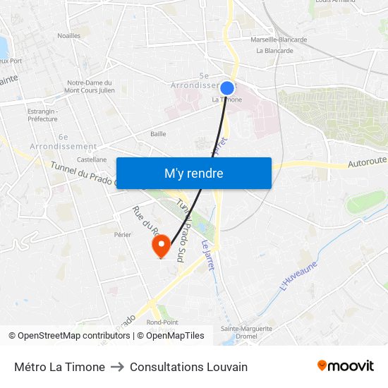 Métro La Timone to Consultations Louvain map