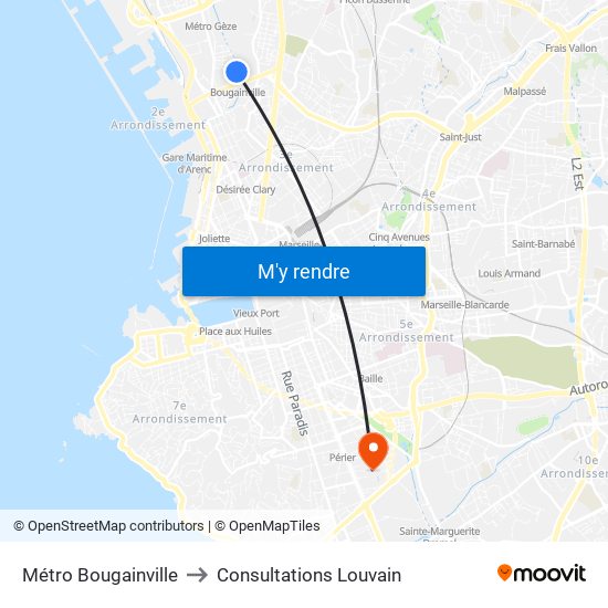 Métro Bougainville to Consultations Louvain map