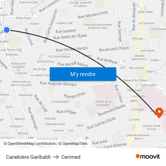 Canebière Garibaldi to Cerimed map