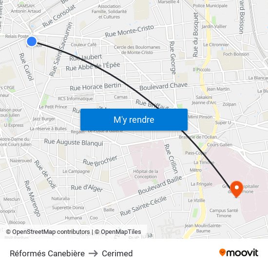 Réformés Canebière to Cerimed map