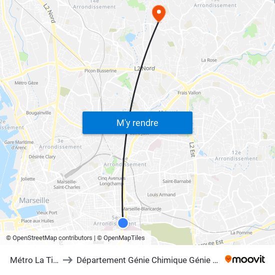 Métro La Timone to Département Génie Chimique Génie Des Procédés map