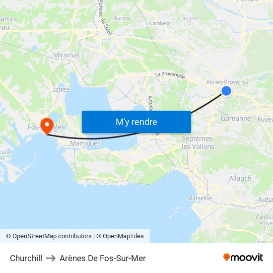 Churchill to Arènes De Fos-Sur-Mer map