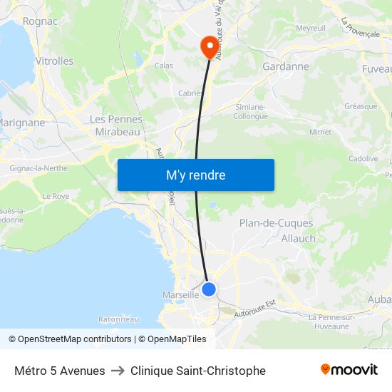 Métro 5 Avenues to Clinique Saint-Christophe map
