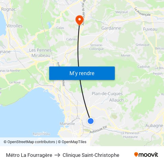 Métro La Fourragère to Clinique Saint-Christophe map