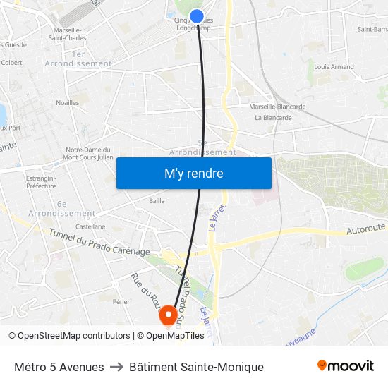 Métro 5 Avenues to Bâtiment Sainte-Monique map