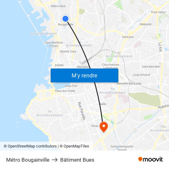 Métro Bougainville to Bâtiment Bues map