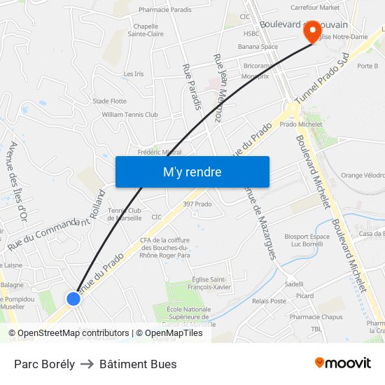 Parc Borély to Bâtiment Bues map