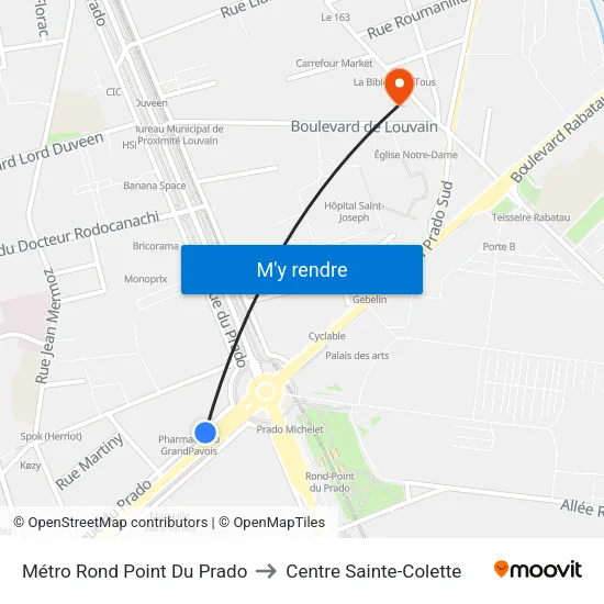 Métro Rond Point Du Prado to Centre Sainte-Colette map