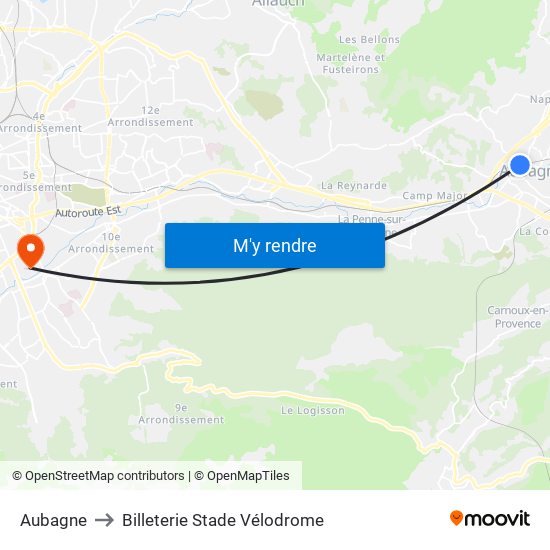 Aubagne to Billeterie Stade Vélodrome map
