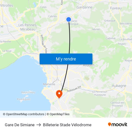 Gare De Simiane to Billeterie Stade Vélodrome map