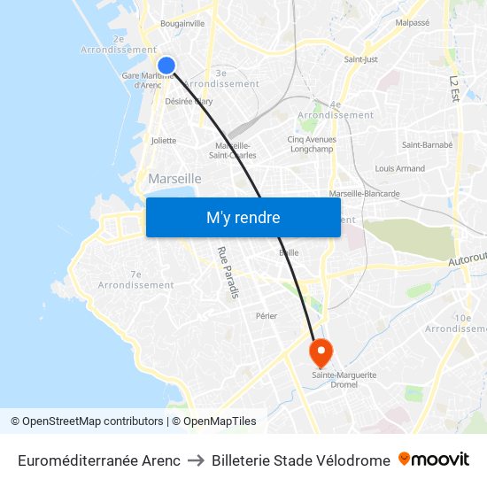 Euroméditerranée Arenc to Billeterie Stade Vélodrome map
