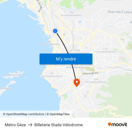 Métro Gèze to Billeterie Stade Vélodrome map