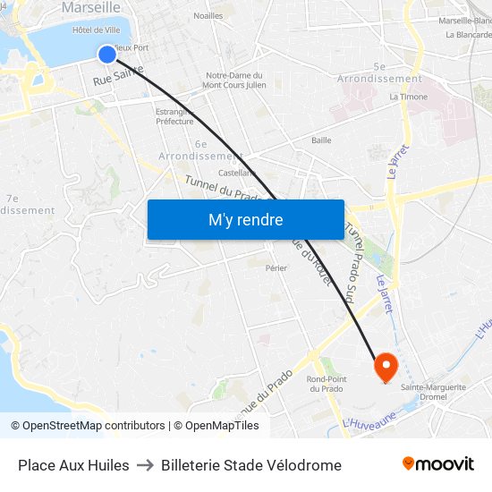 Place Aux Huiles to Billeterie Stade Vélodrome map