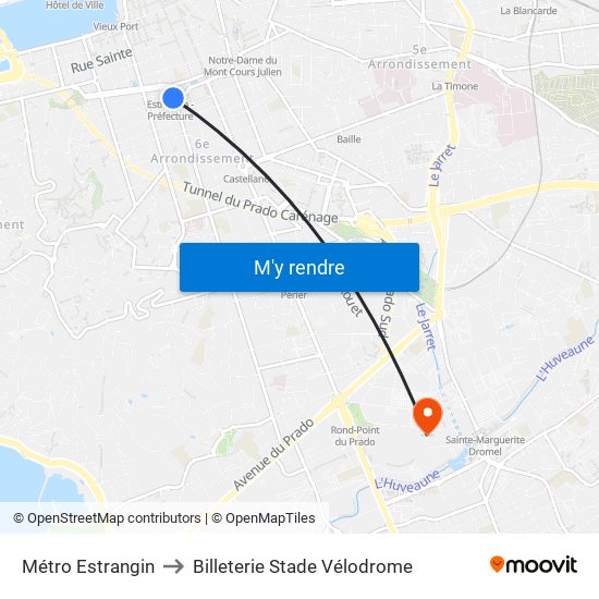 Métro Estrangin to Billeterie Stade Vélodrome map