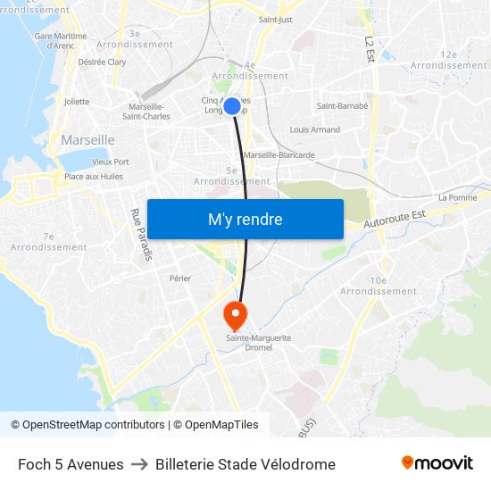 Foch 5 Avenues to Billeterie Stade Vélodrome map