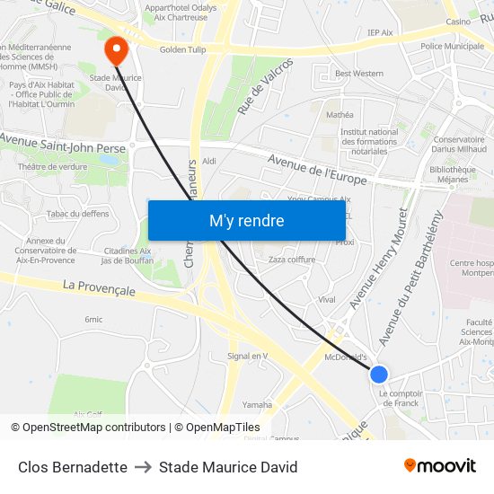 Clos Bernadette to Stade Maurice David map