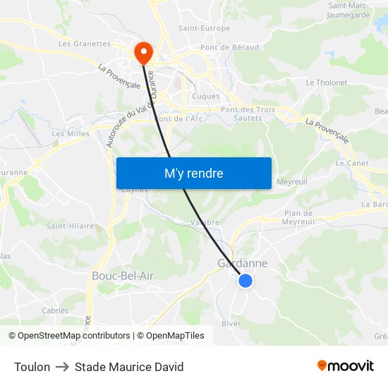 Toulon to Stade Maurice David map