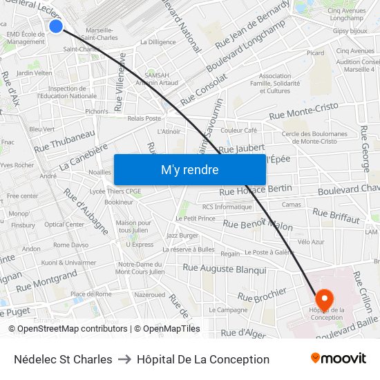 Nédelec St Charles to Hôpital De La Conception map
