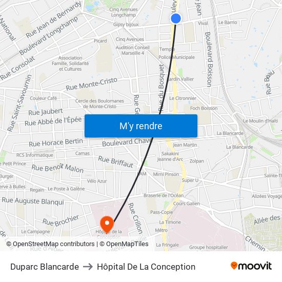Duparc Blancarde to Hôpital De La Conception map