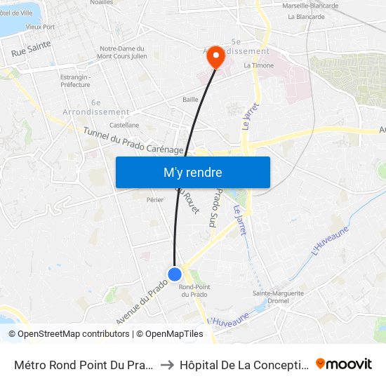 Métro Rond Point Du Prado to Hôpital De La Conception map