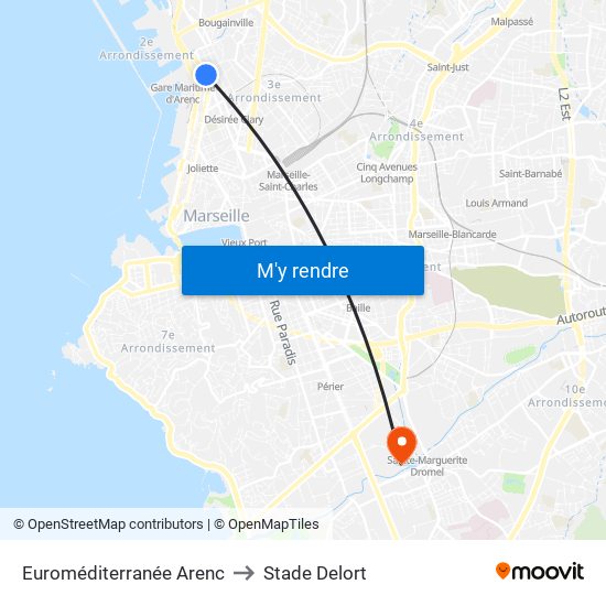 Euroméditerranée Arenc to Stade Delort map