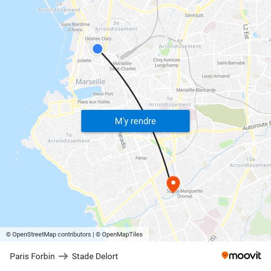 Paris Forbin to Stade Delort map
