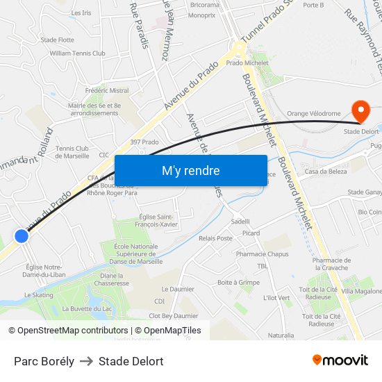 Parc Borély to Stade Delort map