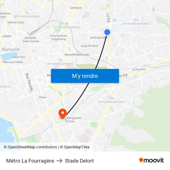 Métro La Fourragère to Stade Delort map