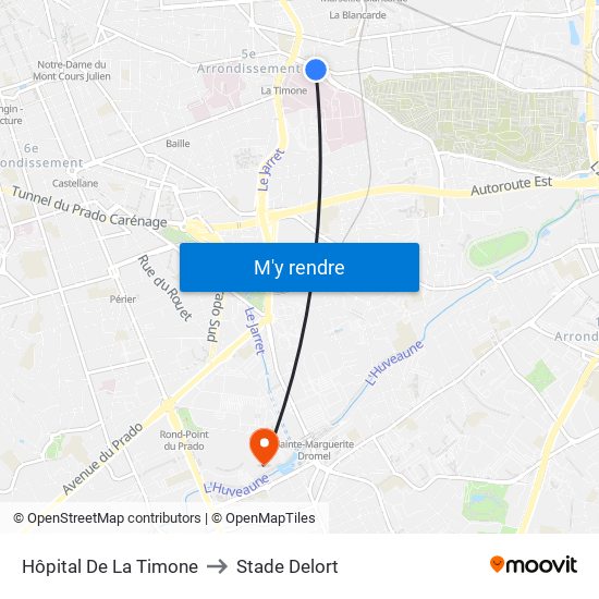 Hôpital De La Timone to Stade Delort map