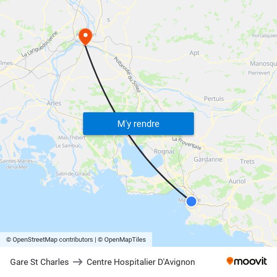 Gare St Charles to Centre Hospitalier D'Avignon map
