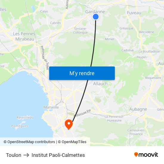 Toulon to Institut Paoli-Calmettes map