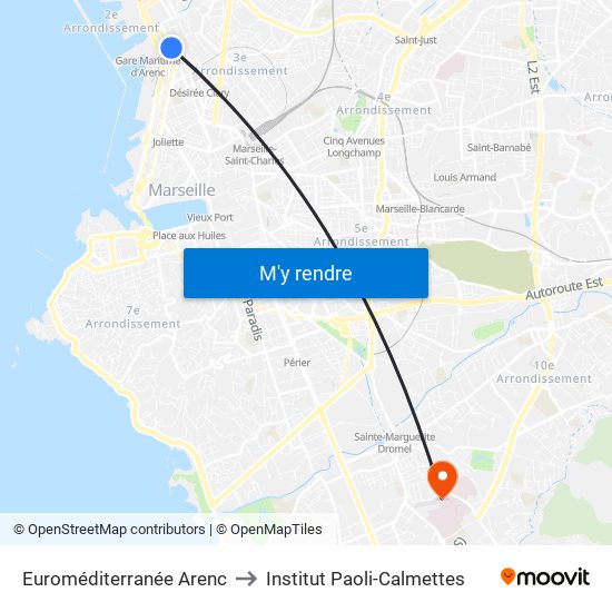 Euroméditerranée Arenc to Institut Paoli-Calmettes map