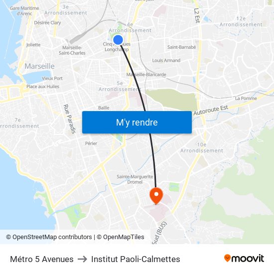 Métro 5 Avenues to Institut Paoli-Calmettes map