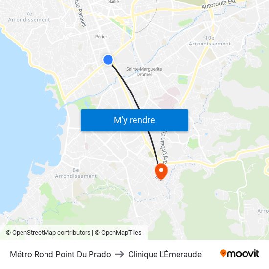 Métro Rond Point Du Prado to Clinique L'Émeraude map