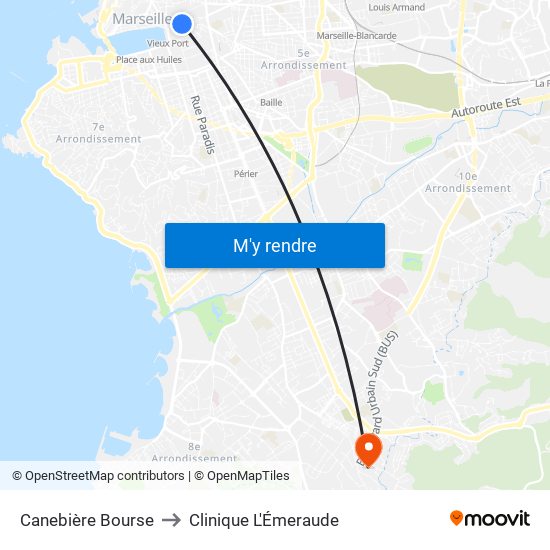 Canebière Bourse to Clinique L'Émeraude map
