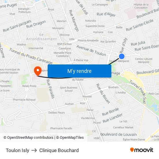 Toulon Isly to Clinique Bouchard map