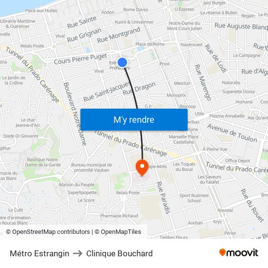 Métro Estrangin to Clinique Bouchard map