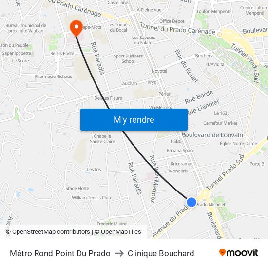 Métro Rond Point Du Prado to Clinique Bouchard map