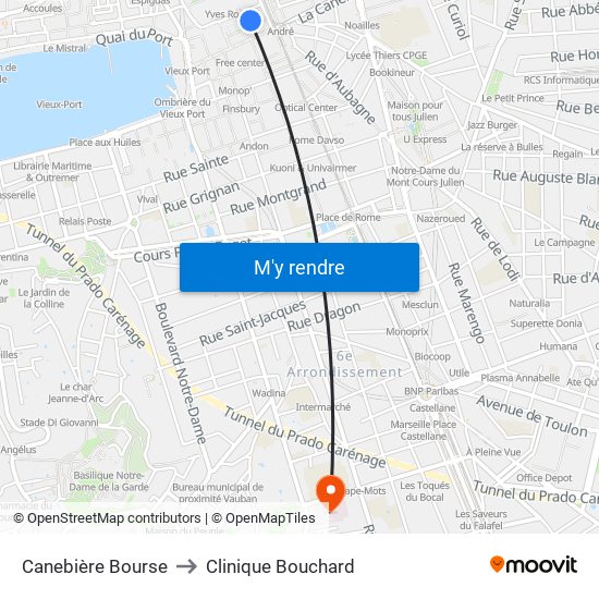 Canebière Bourse to Clinique Bouchard map