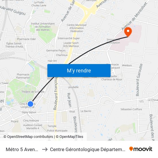 Métro 5 Avenues to Centre Gérontologique Départemental map