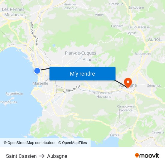 Saint Cassien to Aubagne map