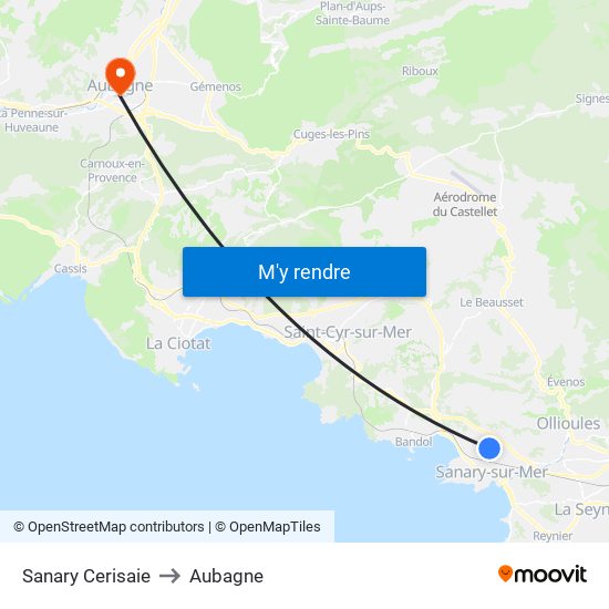 Sanary Cerisaie to Aubagne map