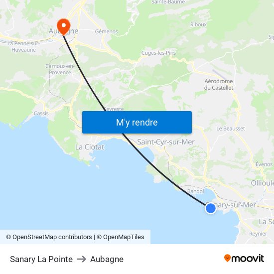 Sanary La Pointe to Aubagne map