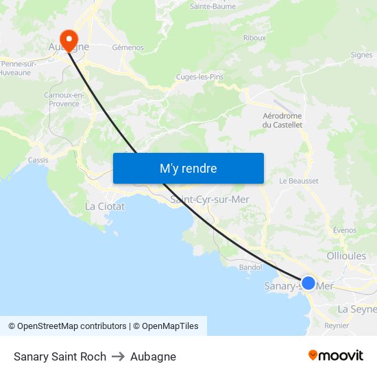 Sanary Saint Roch to Aubagne map