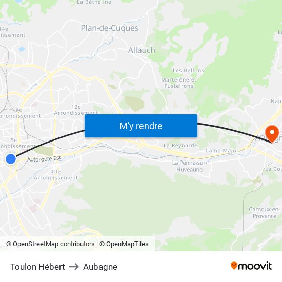 Toulon Hébert to Aubagne map