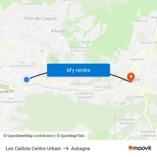 Les Caillols Centre Urbain to Aubagne map