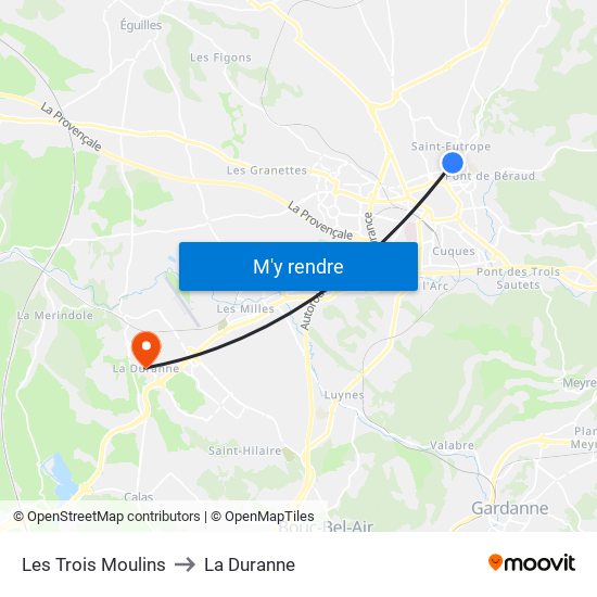 Les Trois Moulins to La Duranne map